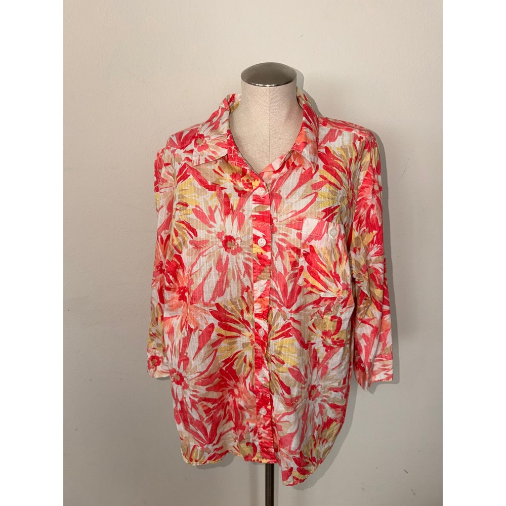 Karen Scott Woman Red Orange Floral Cotton Button Up Shirt 2X Plus Sz 3/4 Sleeve